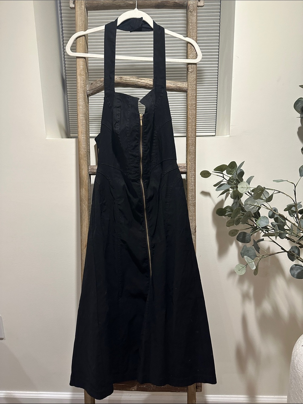 Anthropologie Black Halter Midi Dress with Front Zip Detail